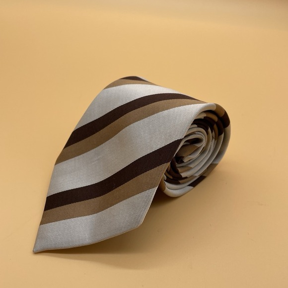 LUCIANO‎ VERSI Men's 100% Silk Necktie Designer Striped Brown/tan  EUC - Picture 1 of 5